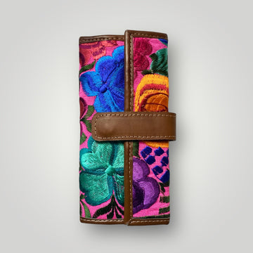 Unique leather wallet with a beautifully handcrafted flower embroidery pattern, making it a stylish accessory