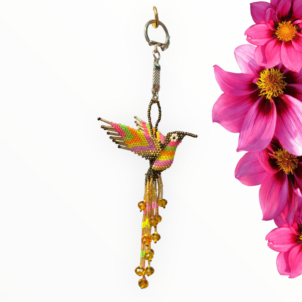 Stylish brown and gold hummingbird keychain with neon accents, a blend of sophistication and fun