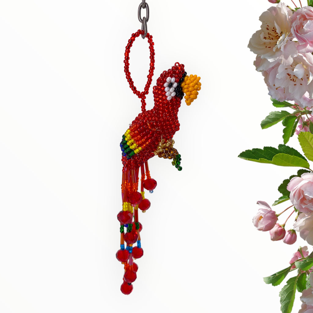 Handmade Parrot keychain with vibrant seed beads