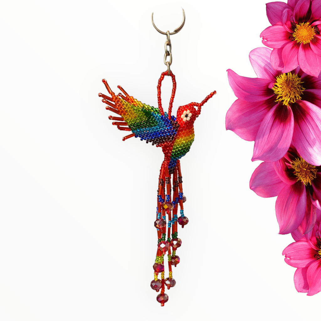 Striking red multicolor rainbow hummingbird keychain, a burst of vibrant colors