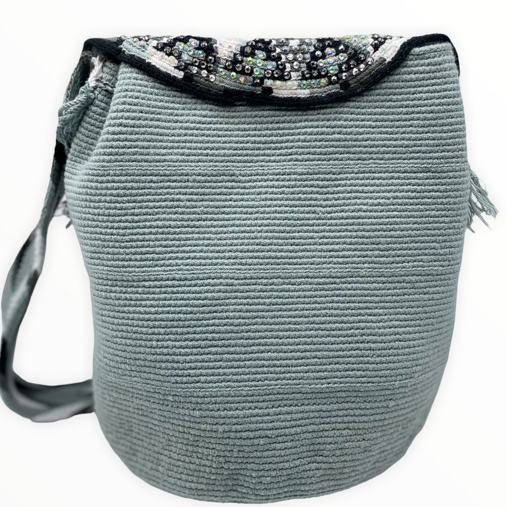 Wayuu Mochila Bag in Grey Color with Handwoven Design and Crystal-Adorned Flap