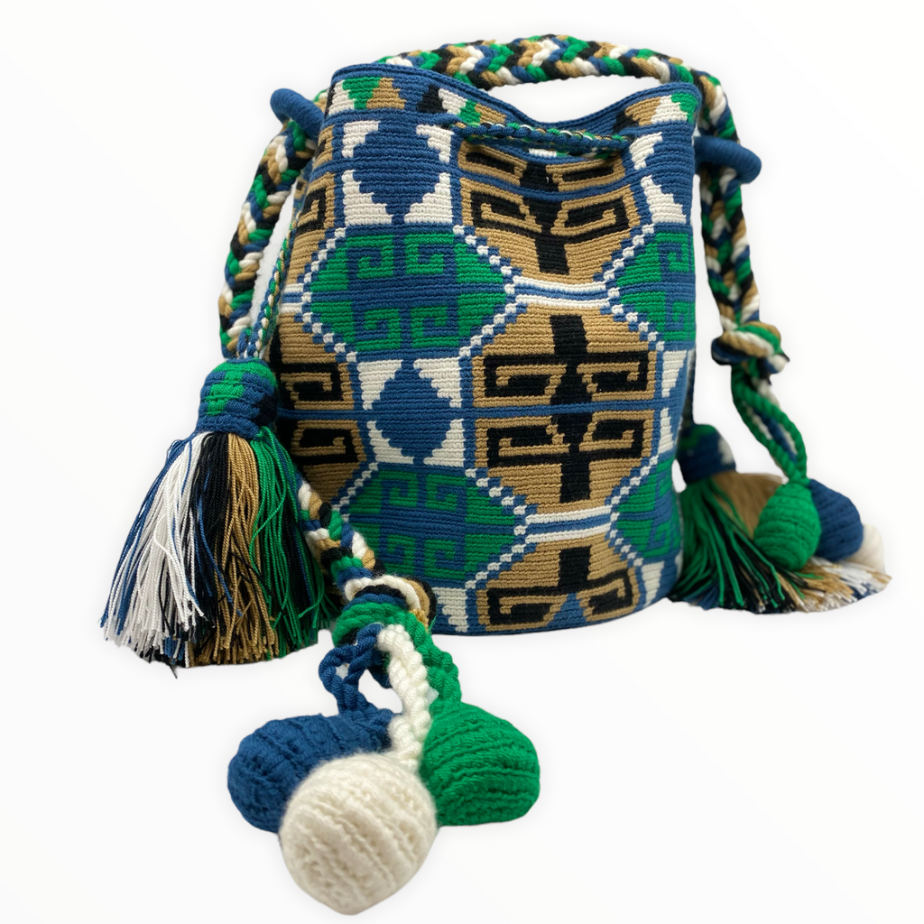 Handmade Wayuu Shoulder Bag with Blue and Green Pattern