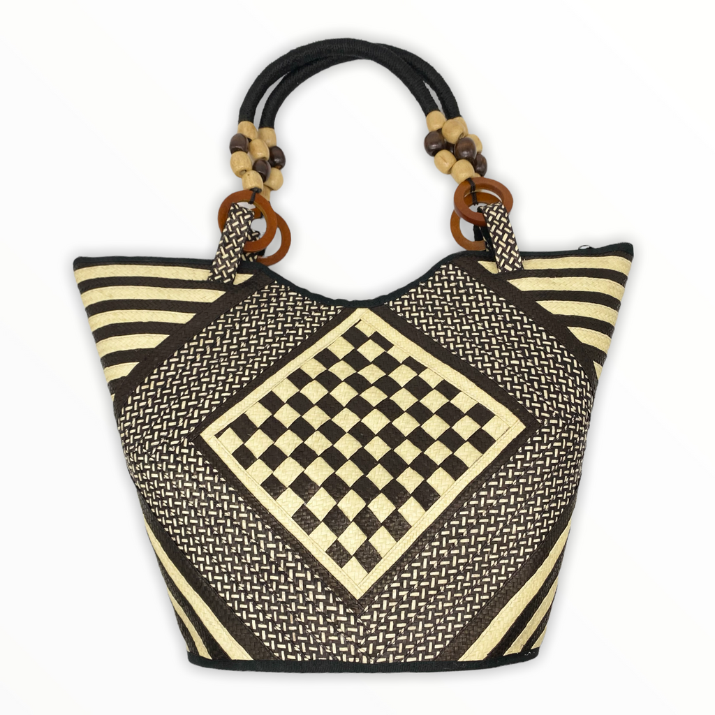 Handmade Artisan Woven Palm Leaf Tote Bag with Wooden Bead Handles, Black and White, Eco-Friendly Fashion