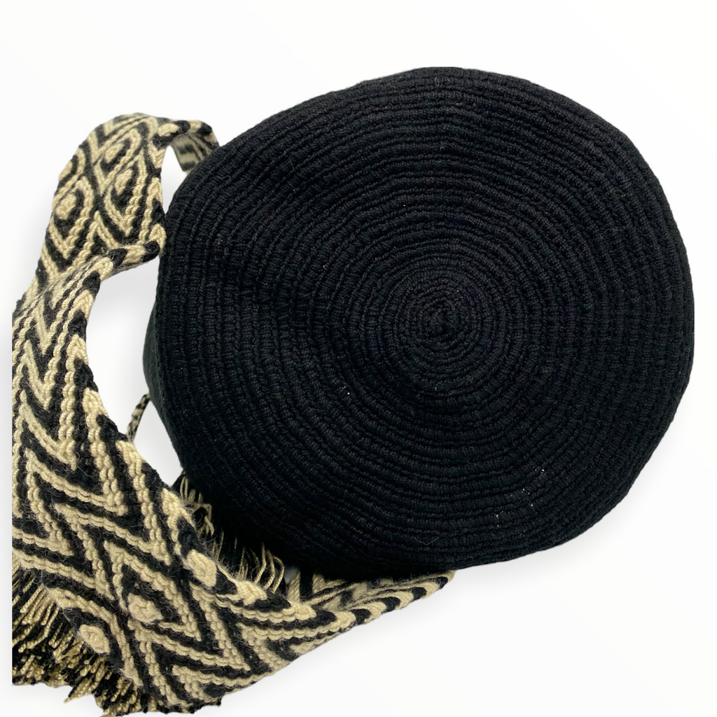 Artistic Detail of Handmade Crochet Black Bag with Beige Tassels