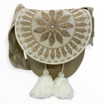 Handcrafted Bohemian Flap Bag with Crochet Beige Hues Pattern and Shimmering Crystals, Unique and Eye-Catching