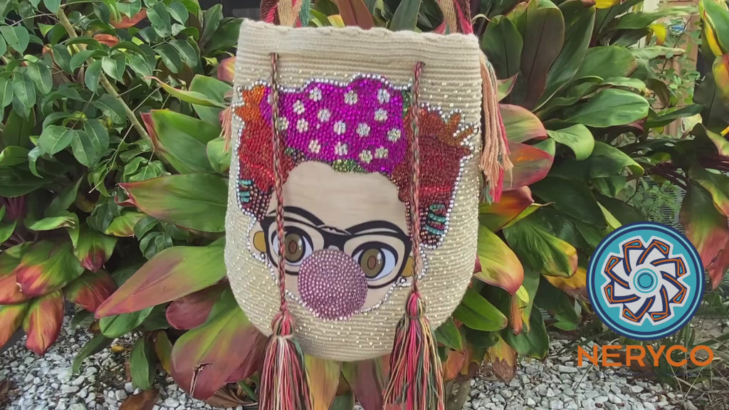 Boho Chic Beige Crossbody Bag featuring Frida Kahlo Appliqué and Shimmering Crystal Embellishments