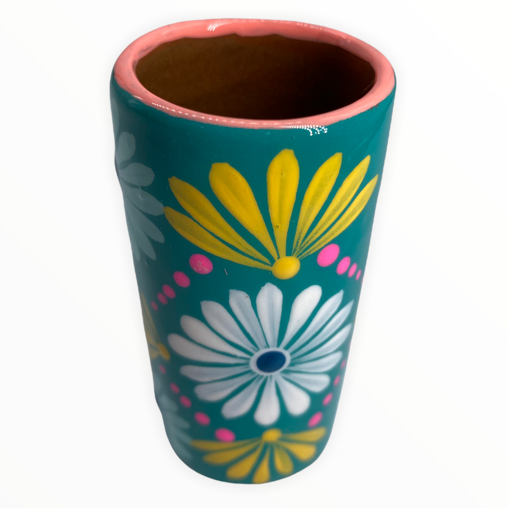 Turquoise Floral Hand-Painted Shot Glass: Whether you're sipping your favorite spirits or offering a unique gift, this shot glass adds a touch of elegance and nature-inspired beauty to any occasion.