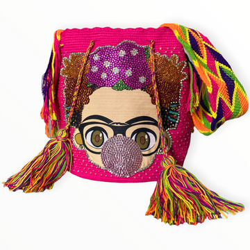 Handcrafted Fuchsia Wayuu Mochila Bag featuring a Stunning Frida Design with Sparkling Crystals