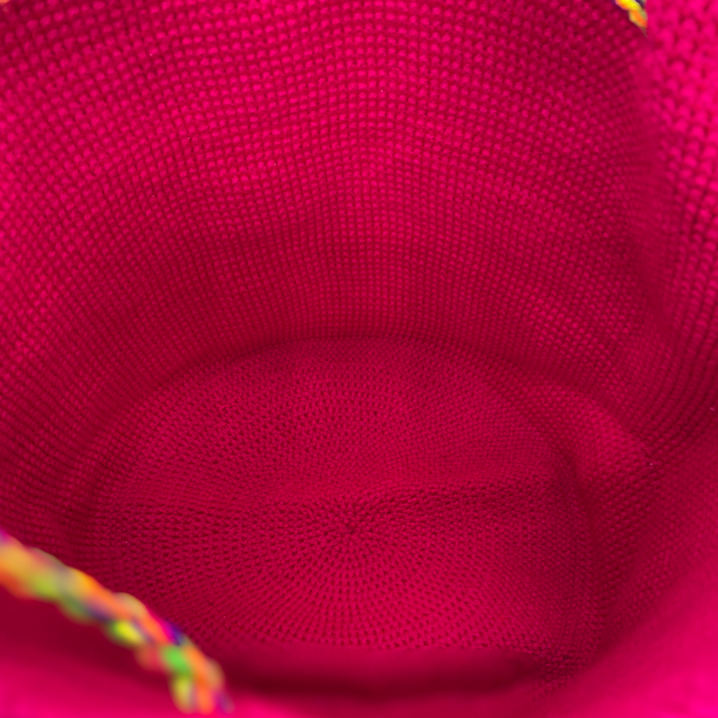 Handmade Fuchsia Wayuu Mochila Bag with a Stunning Frida Design and Sparkling Crystal Accents