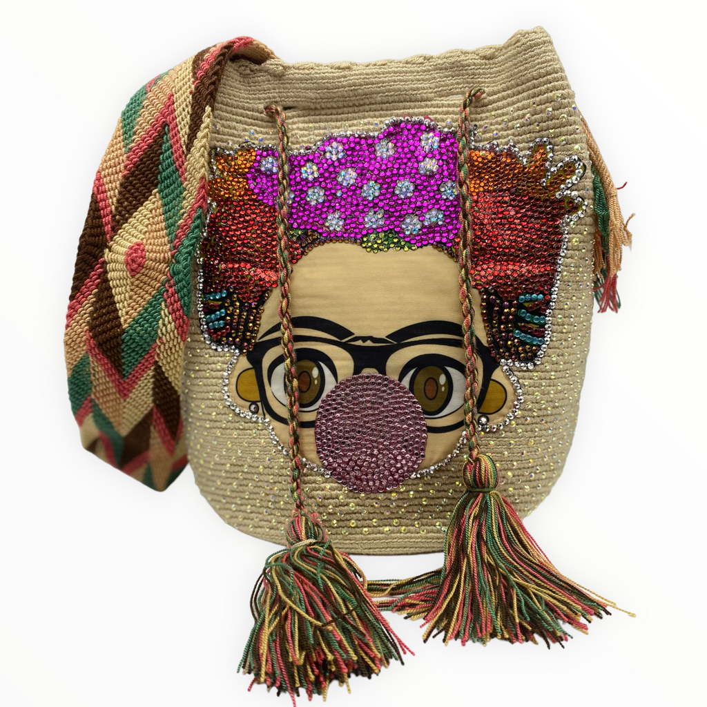 Handcrafted Beige Crossbody Bag with Frida Kahlo Appliqué and Sparkling Crystal Detailing