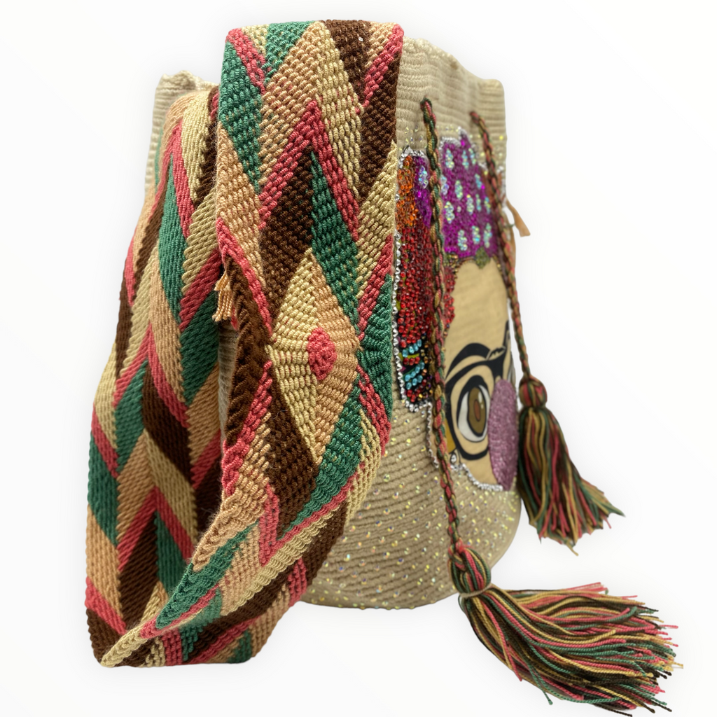 Handmade Beige Crossbody Bag with Frida Kahlo Inspired Appliqué and Stunning Crystal Detailing